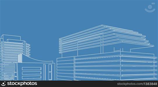 Abstract geometric architectural background, 3D Illustration, Modern architecture wireframe.