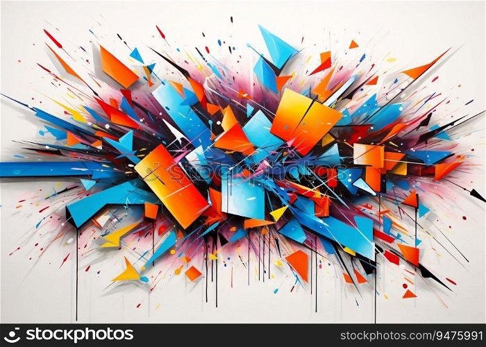 Abstract geometric art features a colorful explosion of shapes on a white background. Generative AI