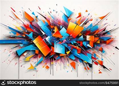 Abstract geometric art features a colorful explosion of shapes on a white background. Generative AI