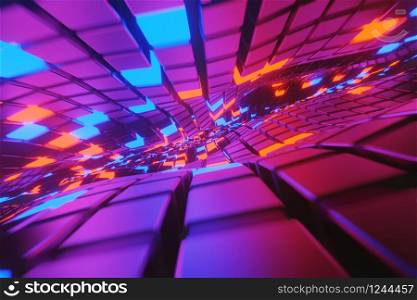 Abstract geometric cubes Waving Surface with glowing Lights Futuristic, 3D rendering