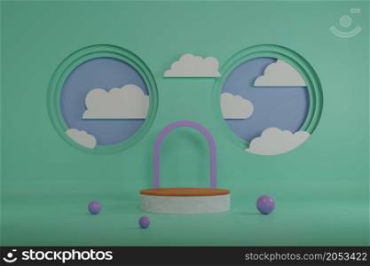 Abstract geometric mock up podium showcase stage with stepped circular window tunnel backdrop and minimal cloud for product promotion advertising presentation or cosmetic product display 3D rendering illustration