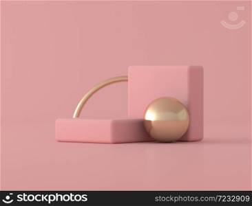 Abstract geometric shape and gold ring on pink background, pastel colors,minimal style,3d rendering