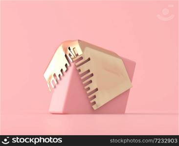 Abstract geometric shape covered with gold object on pink background, pastel colors,minimal style,3d rendering