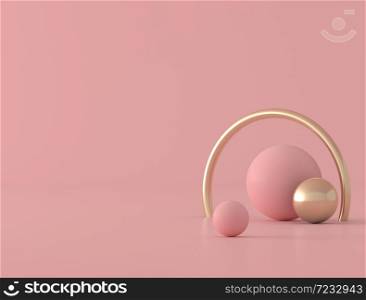 Abstract geometric shape,sphere and gold ring on pink background, pastel colors,minimal style,3d rendering