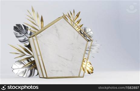 Abstract geometric Stone background decor by palm leaves.mockup scene for product, banner, presentation, 3d rendering.