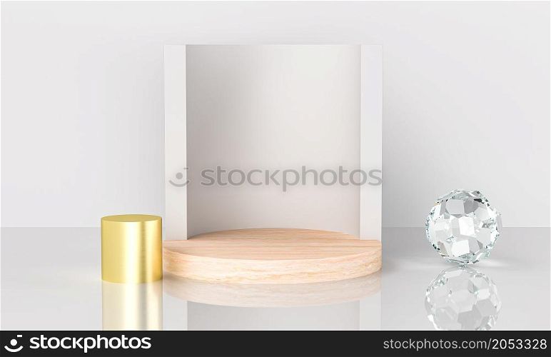 Abstract geometric wood podium with studio on white background. Empty pedestal circle platform for winner award, product presentation, mock up background, stage empty space. Showcase 3d rendering