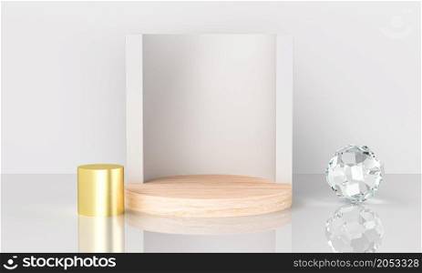 Abstract geometric wood podium with studio on white background. Empty pedestal circle platform for winner award, product presentation, mock up background, stage empty space. Showcase 3d rendering