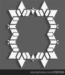 Abstract geometrical background with copy space. White 3d frame on gray with cut out of paper effect made of arrows, triangles and hexagons.