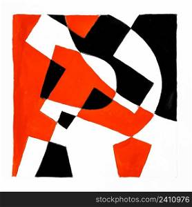 abstract geometrical composition with letter R hand drawn with red and black paint on white paper