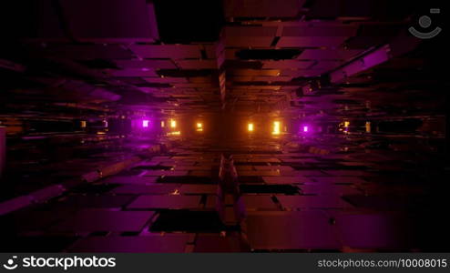 Abstract geometrical three dimensional illustration of bright yellow and purple lights between uneven walls made of squares and cells. Futuristic 3d illustration of uneven walls between bright lights