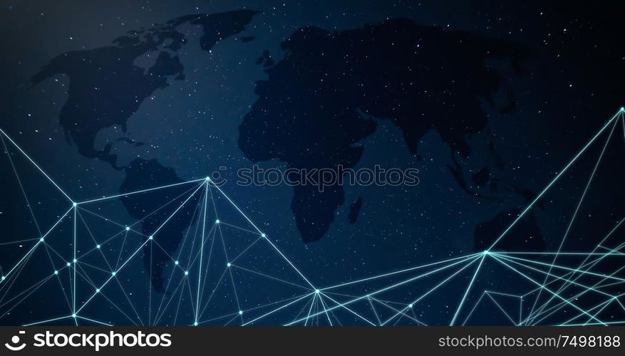 Abstract geometry and triangle graph with global map background . Futuristic digital technology concept .