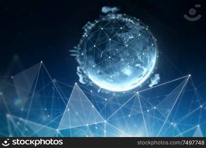 Abstract globe with connected dots wireless communication network on space . Global business concept .