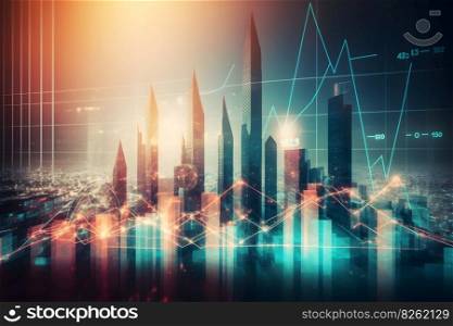 Abstract glowing big data forex candlestick chart on blurry city backdrop. Trade, technology, investment and analysis concept. Neural network AI generated art. Abstract glowing big data forex candlestick chart on blurry city backdrop. Trade, technology, investment and analysis concept. Neural network AI generated