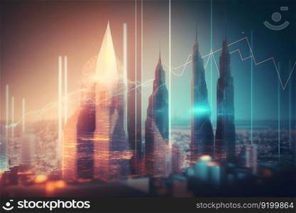 Abstract glowing big data forex candlestick chart on blurry city backdrop. Trade, technology, investment and analysis concept. Neural network AI generated art. Abstract glowing big data forex candlestick chart on blurry city backdrop. Trade, technology, investment and analysis concept. Neural network AI generated