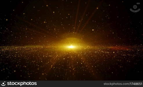 Abstract gold color digital particles flowing with dust and light background 