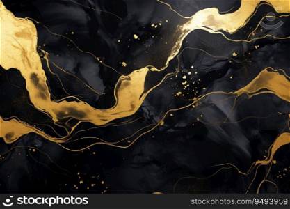 Abstract gold liquid wave on black marble background is a stunning piece of luxury art. Generative AI