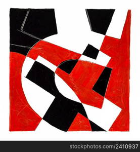 abstract graphic composition with inverted letter R hand drawn with red and black paints on white paper