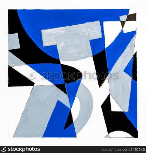 abstract graphic composition with letter K and cup hand drawn with brown, gray and black paints on white paper