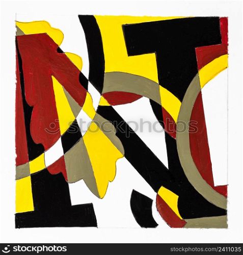 abstract graphic composition with letter N and oak leaf hand drawn with brown, gray and black paints on white paper