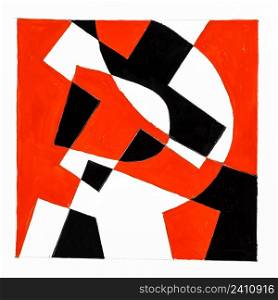 abstract graphic composition with letter R hand drawn with red and black paints on white paper