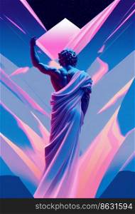 Abstract greek god sculpture in retrowave city pop design, vaporwave style colors, 3d rendering