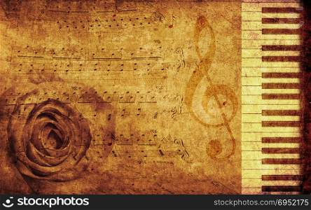 Abstract grunge rose and piano, vintage music background
