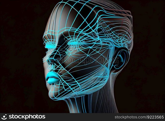 Abstract head with blue lines 3d render illustration. AI generative.