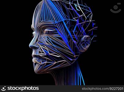 Abstract head with blue lines 3d render
illustration. AI generative.