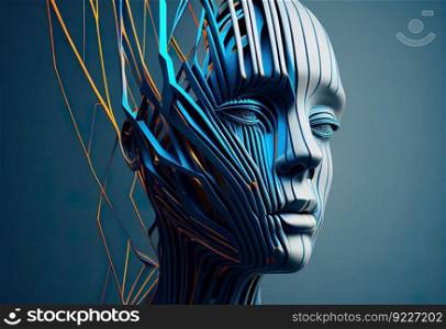 Abstract head with blue lines 3d render illustration. AI generative.