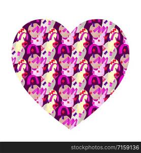 Abstract heart shaped background. Festive template with geometric colorful shapes on a purple background for Valentine&rsquo;s Day.. Abstract heart shaped background.