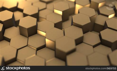 Abstract hexagon geometry background, gold hexagonal pattern randomly waving, animation 3D rendering