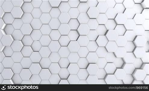 Abstract hexagon geometry background, white hexagonal pattern randomly waving, animation rendering