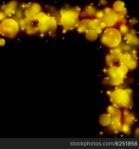 Abstract holiday border of glowing bokeh lights isolated on black background, beautiful shining stars and glitters, backdrop designed in Christmas style