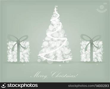 Abstract holiday card with gift boxes and christmas tree on light grey background. many gift box colorful christmas tree stack