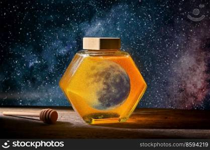 Abstract Honeymoon. Moon On A  Jar with Honey on Wooden Table 