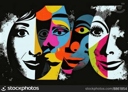 Abstract human many faces expression, dark emotion and uncertain mental health. Peculiar AI generative image.. Abstract human many faces expression, dark emotion and uncertain mental health
