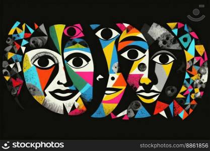 Abstract human many faces expression, dark emotion and uncertain mental health. Peculiar AI generative image.. Abstract human many faces expression, dark emotion and uncertain mental health