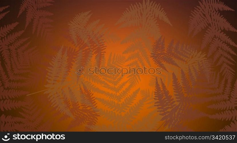 Abstract illustration depicting many autumnal fern leaves against golden glow background.