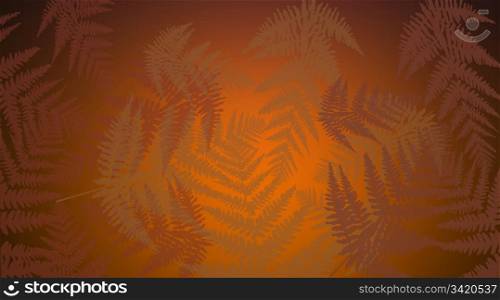 Abstract illustration depicting many autumnal fern leaves against golden glow background.