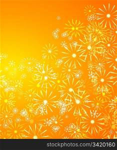 Abstract illustration depicting many bright flowers against golden light background.
