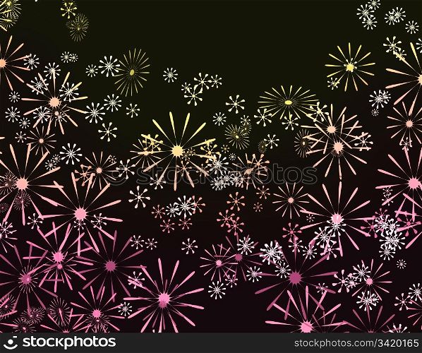 Abstract illustration depicting many pale flowers against black background.