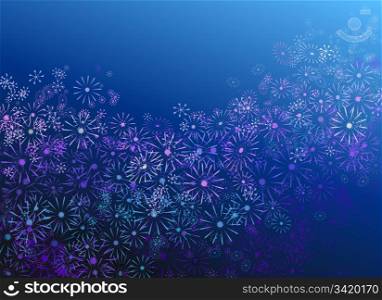 Abstract illustration depicting many pale pastel colour flowers against blue background.