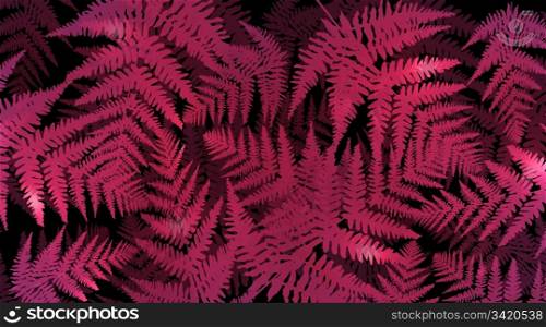 Abstract illustration depicting many pink fern leaves against black background.