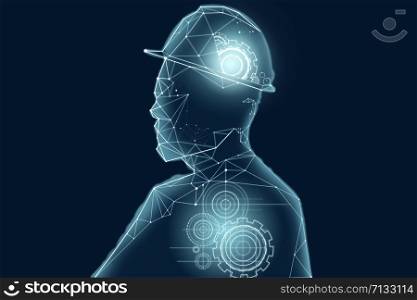 Abstract illustration design of clock gears in human head outline showing concept of engineering, consciousness, artificial intelligence and technology.
