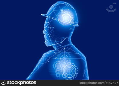 Abstract illustration design of clock gears in human head outline showing concept of engineering, consciousness, artificial intelligence and technology.