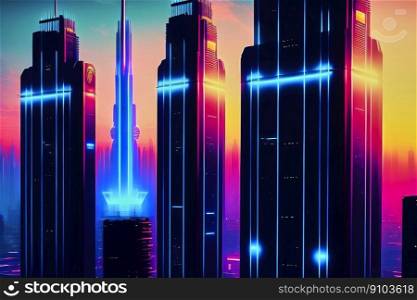 Abstract illustration of a city skyline with tall skyscrapers and long vertical neon lights, made with generative AI