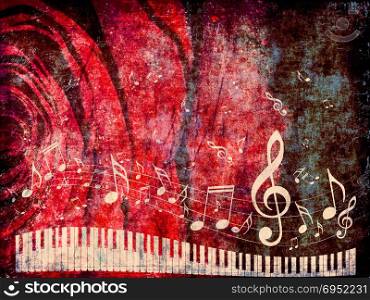 Abstract illustration of a piano keys with musical notes grunge background.