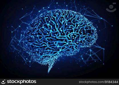 Abstract illustration of brain shape and neural network of connected dots. Generative AI. Brain connection network on blue neon abstract background. Generaive AI