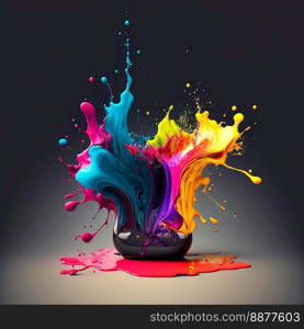 Abstract illustration of multicolor ink explosion splash on dark black background. Color ink splash. Color ink explosion. 3D illustration.