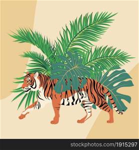 Abstract illustration of walking red tiger and tropical leaves design